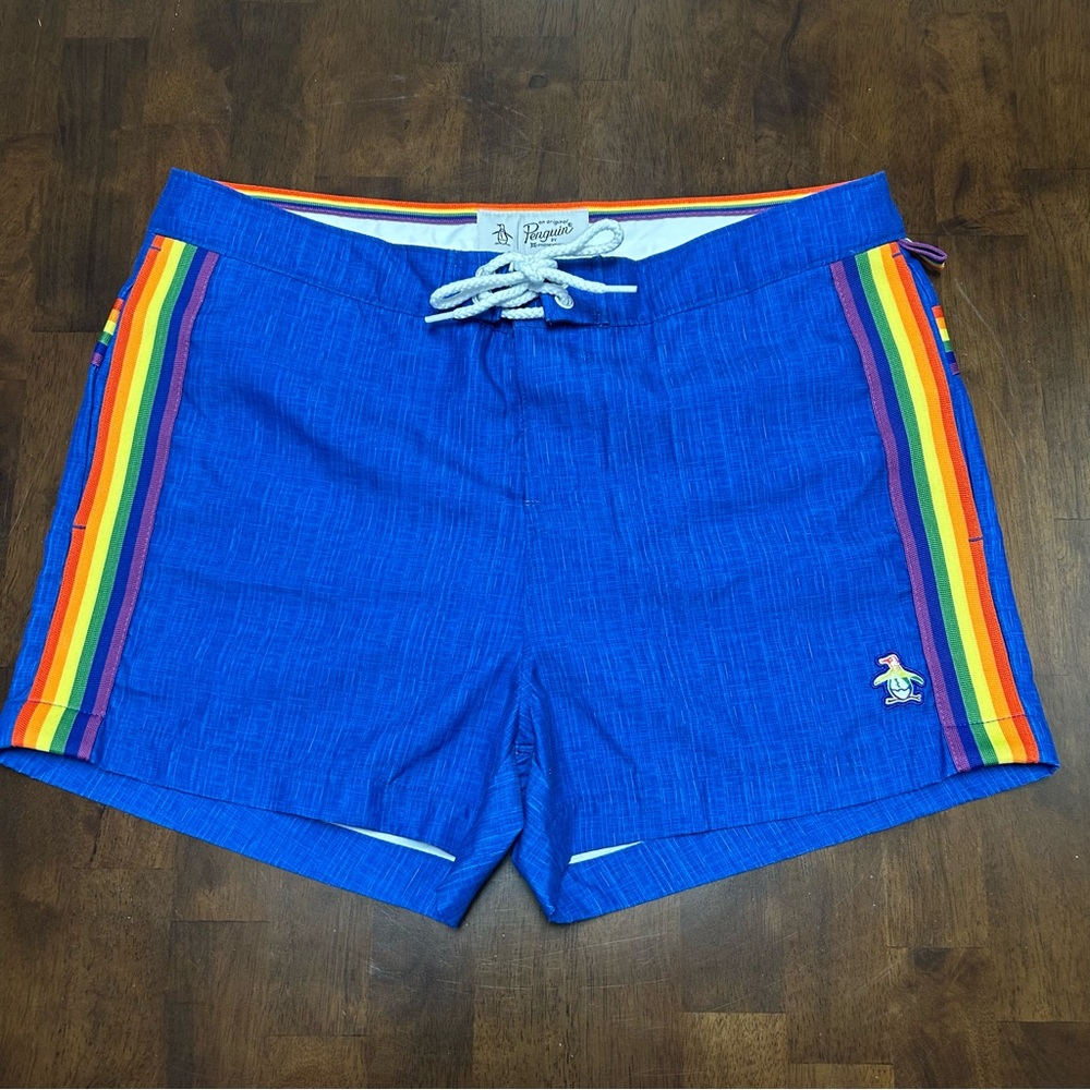 Original Penguin Blue Rainbow Pride Short Shorts Swim Trunks Size 31